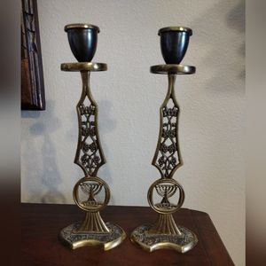 Vintage Jerusalem Holy Land Israel Candlestick Ornate Candle Holder Set 9.75"